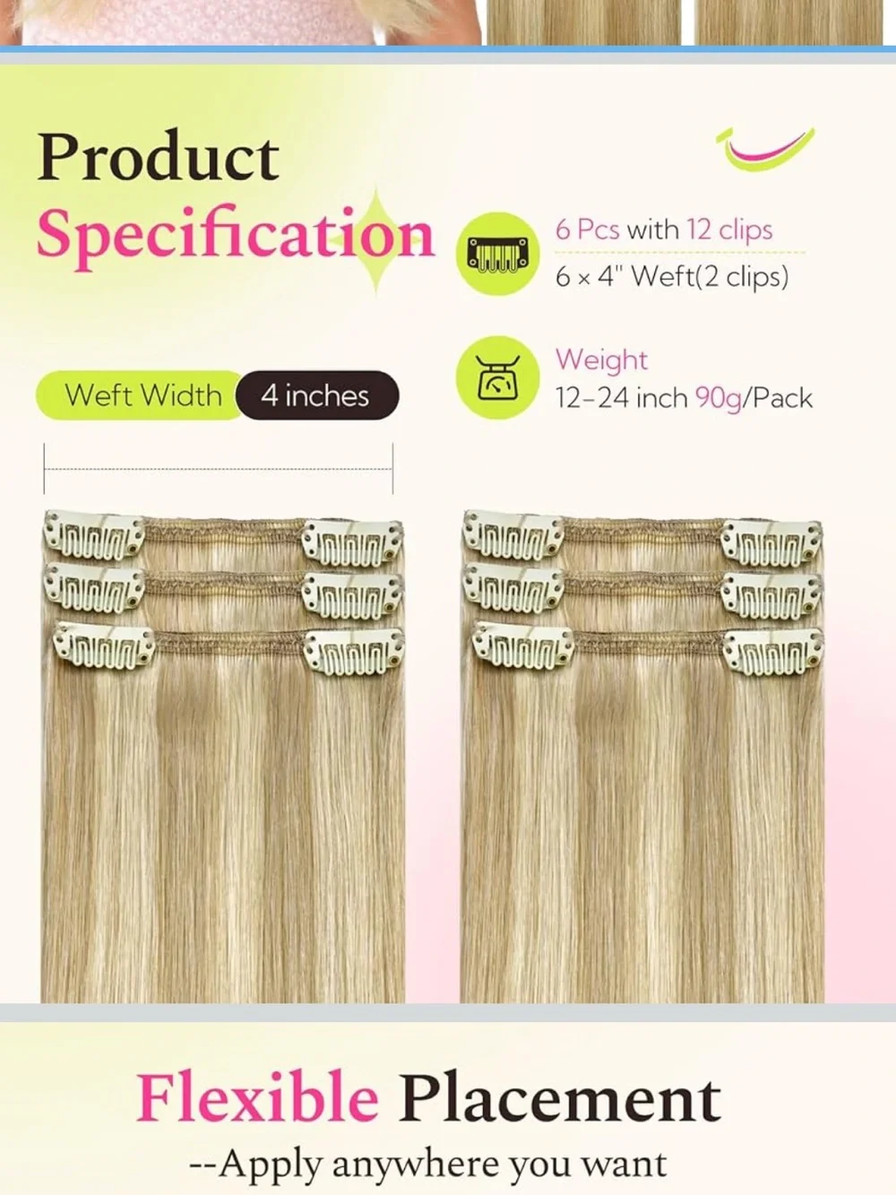 Real Hair Extensions Clip in Human Hair, 24 Inch 90g 6pcs Light Blonde Highlight